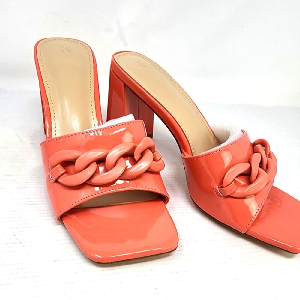 Tangerine Chunky Heel Sandals Heeled Open Toe Slip on Heels Coral Size 7.5 New‎